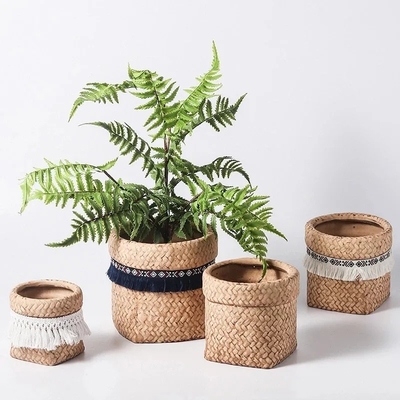Farmhouse Weave Pattern Ceramic Flowerpot Small Pots for Succulents Planter Pot De Plantse Tassel Bag Shape Flower Pot W